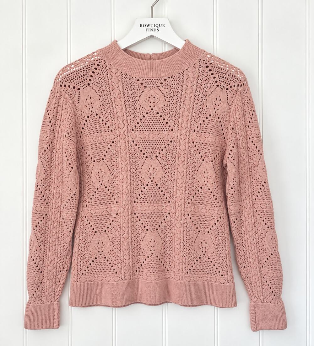 WHBM Crochet Sweater Small Dusty Pink Open Knit Keyhole Back Pullover